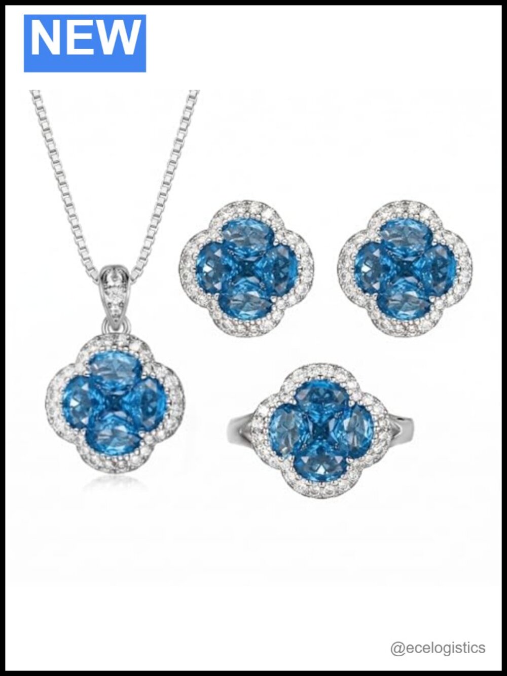 4 Leaf Clover Zircon Matching Jewelry Pendant Set Gift Box Necklace Ring